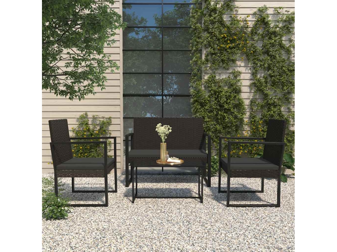Vidaxl 4 Pcs Conjunto Lounge De Jardim C/ Almofadões Vime Pe Preto