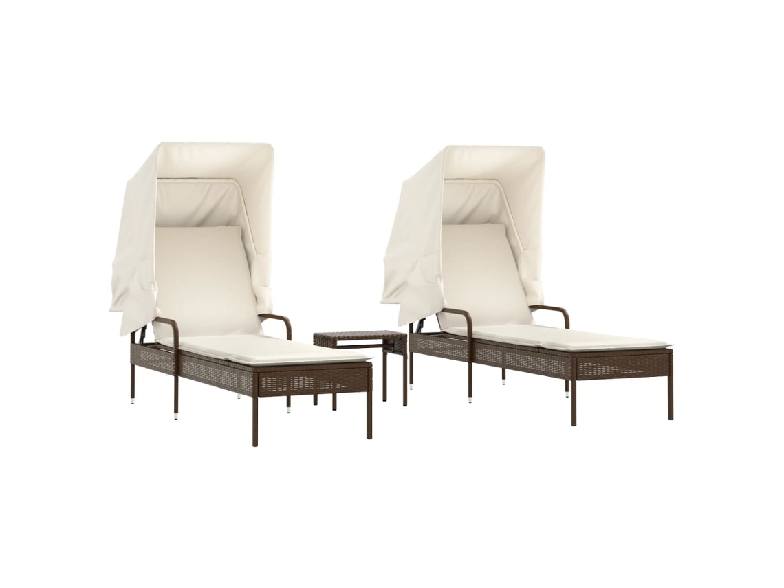 Conjunto de Espreguiçadeiras com Toldos e Mesa 2 Peças Vime Pe Castanho MAISON EXCLUSIVE