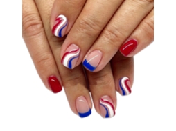 Tips para Unhas em Estilo Sombrio com Detalhes de Listras Vermelhas Azuis e Brancas Modelo Jf0571 com Gel de Geléia