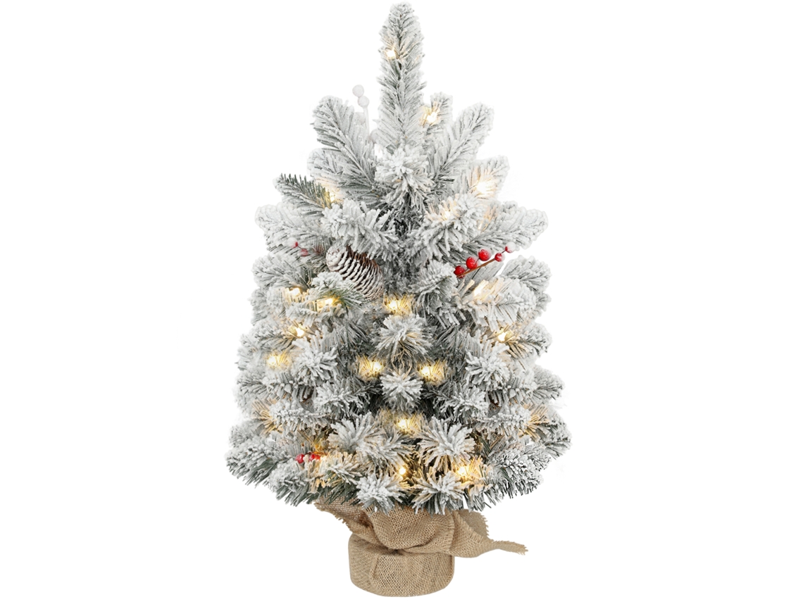 Mini Árvore Natal 60cm Led 72 Ramos Neve Pinhas Base Juta Verde