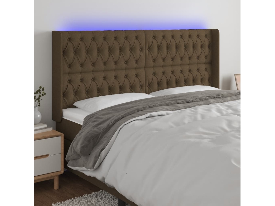 Vidaxl Cabeceira De Cama C/ Luzes Led Tecido 203x16x118/128cm Castanho