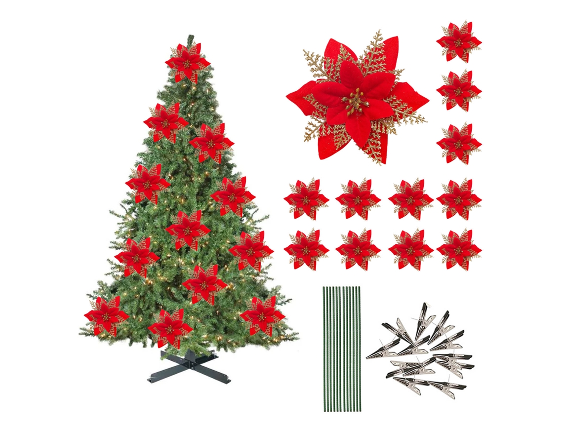 Laxiscreed Flor De Natal Artificial Com 12 Flores, Bastões E Clips Para Decoração Natalícia