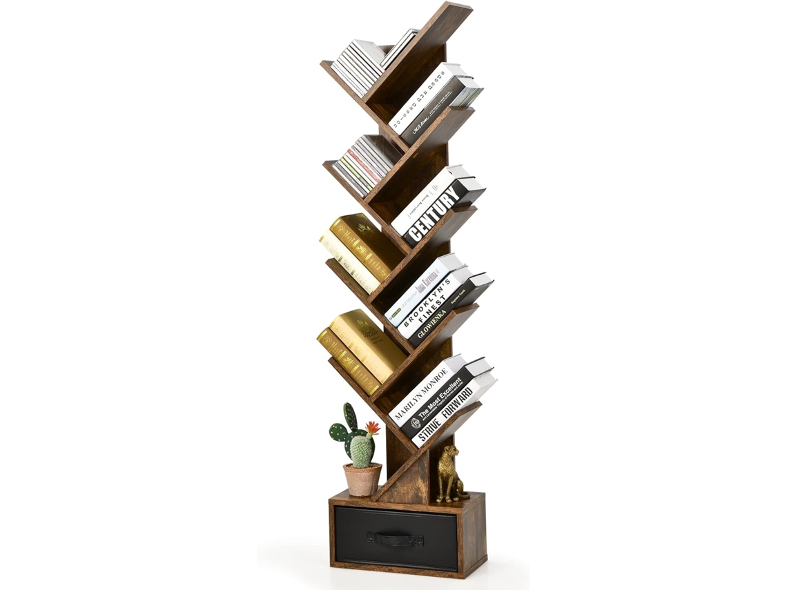 Estante de 10 Prateleiras em Forma de Árvore com Gaveta/Prateleira de Pé em Forma de Árvore para Cds Livros Quarto Sala de Estar COSTWAY