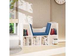 Estante Para Livros Com Banco Integrado E 6 Cubos Prateleiro Infantil Assento 102x30x61 Cm Branco E Azul