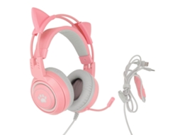 Fone De Ouvido Gamer Com Orelhas De Gato Usb+3.5mm Ajuste De Volume Microfone Mudo Rosa