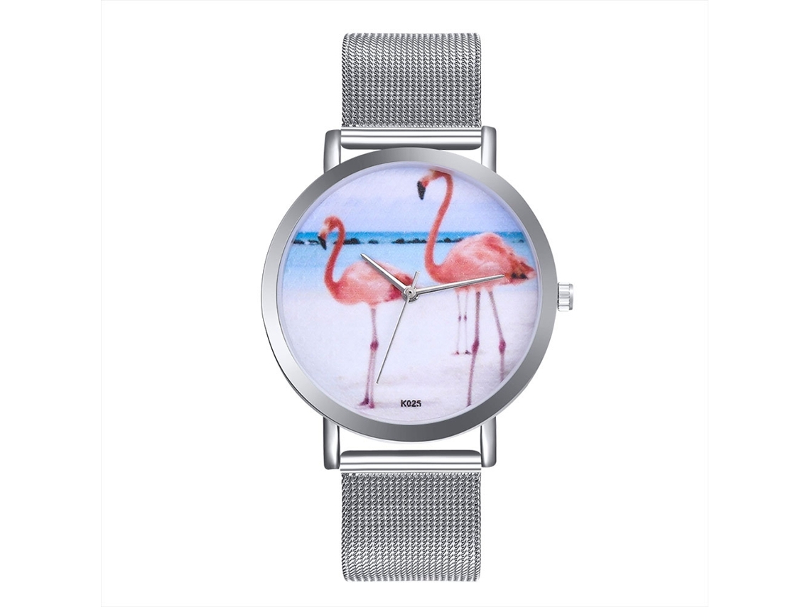 Relógio Feminino de Quartzo com Pulseira de Malha e Padrão de Pássaro em Prata