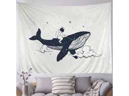 Tapeçaria estética de parede com astronauta e baleia negra, decoração para casa feita à mão.
