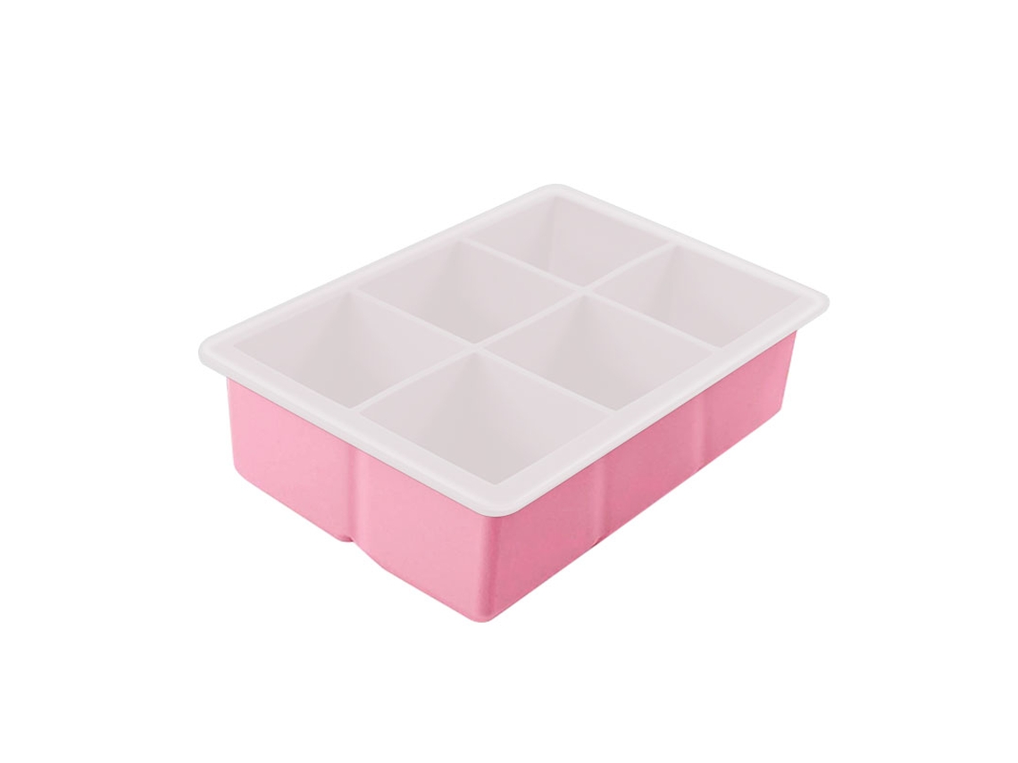 Forma de Gelo Grande, Flexível, de Silicone , com Tampa, Quadrada e Empilhável. MDUG (rosa, com 6 Compartimentos)
