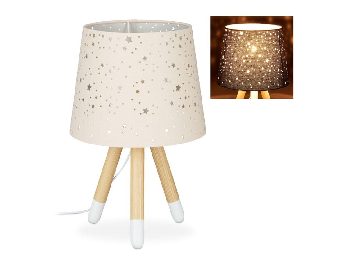 Candeeiro De Mesa Infantil Com Base Madeira E Cúpula Estrelada