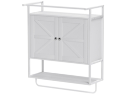 Armário De Parede Para Casa De Banho Multiusos Móvel Suspenso De Armazenamento Com 2 Portas Prateleira E Barra Para Toalhas 63x34x75 Cm Branco