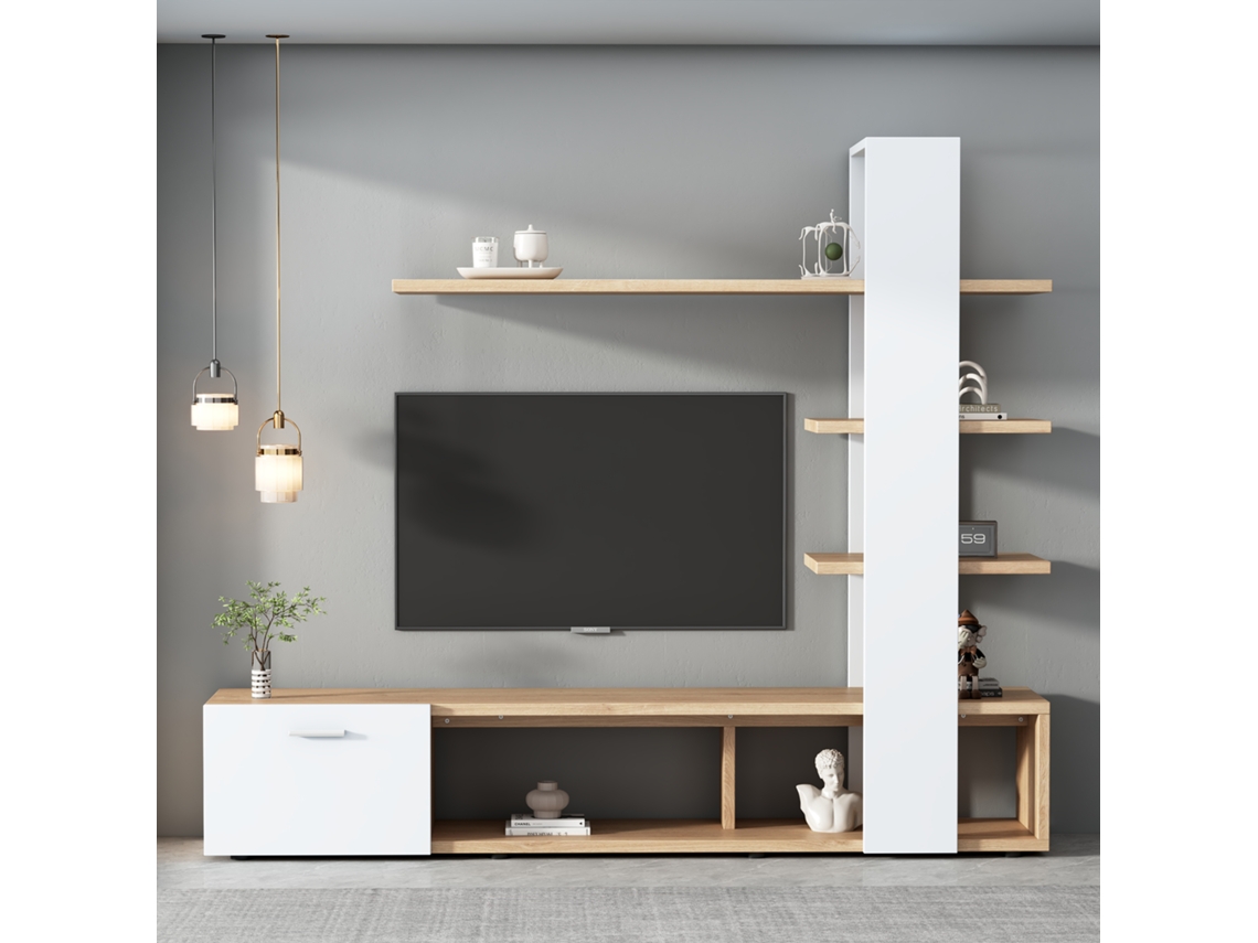 Armário De Parede Para Sala Móvel Para Tv 180x33,5x151,5 Cm Adequado Para Televisores Até 60 Polegadas, Design Em Carvalho Branco Estilo