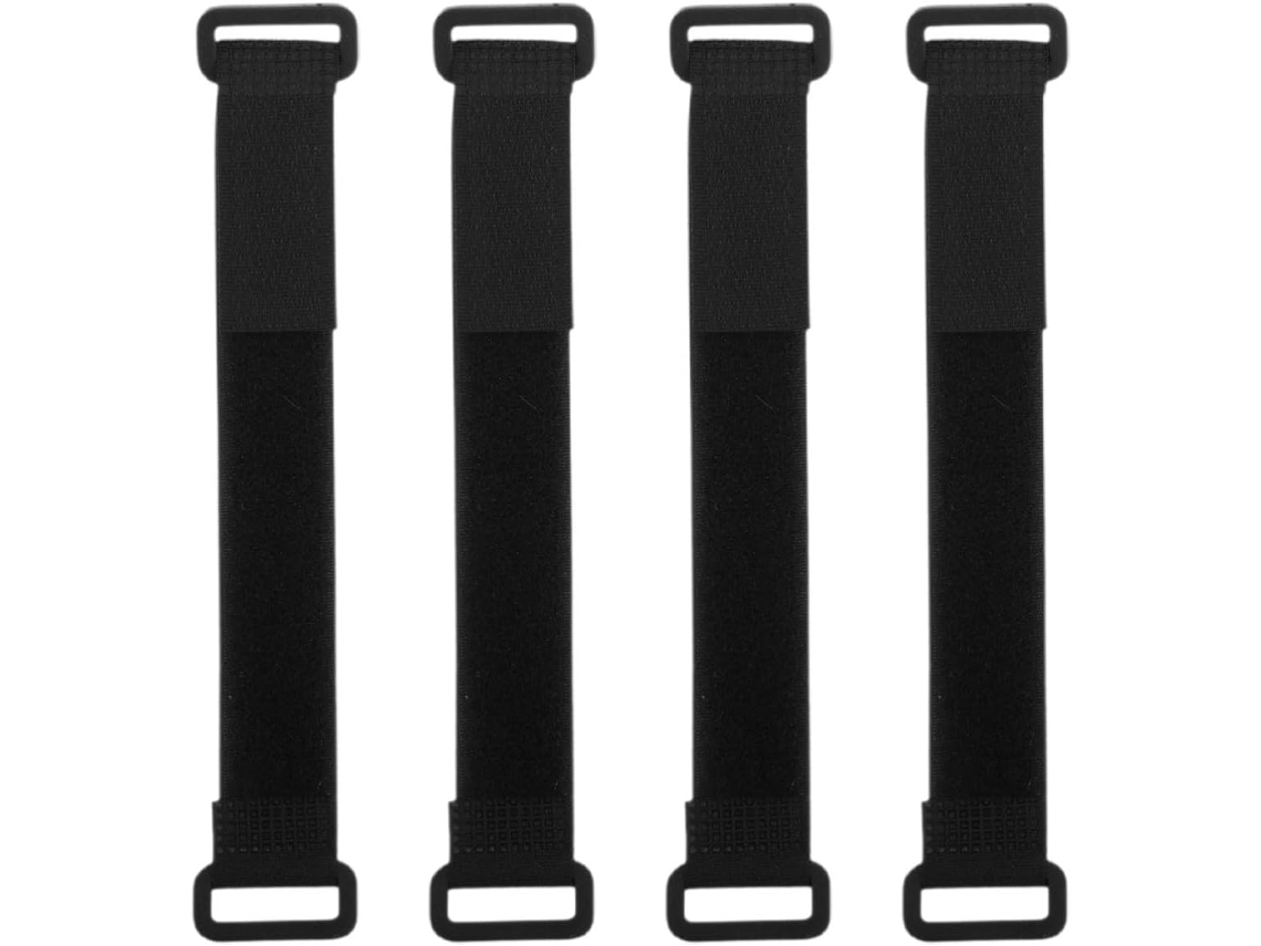 Conjunto compacto de acessórios para carro com fitas de fixação ajustáveis.