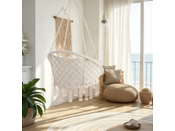 Cadeira Suspensa  Aço Com Trançado De Algodão, Almofada Grande E Macia, Borlas Decorativas, Peso Leve, Bege, 80 X 72 X 125 Cm Tectake