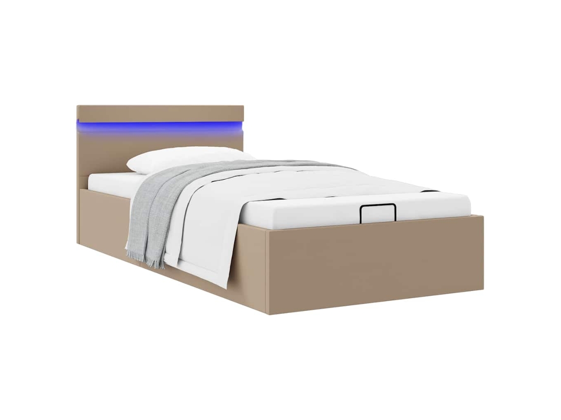 Vidaxl Cama Hidrául. Arrumação E Led 90x200cm Couro Artif. Cappuccino