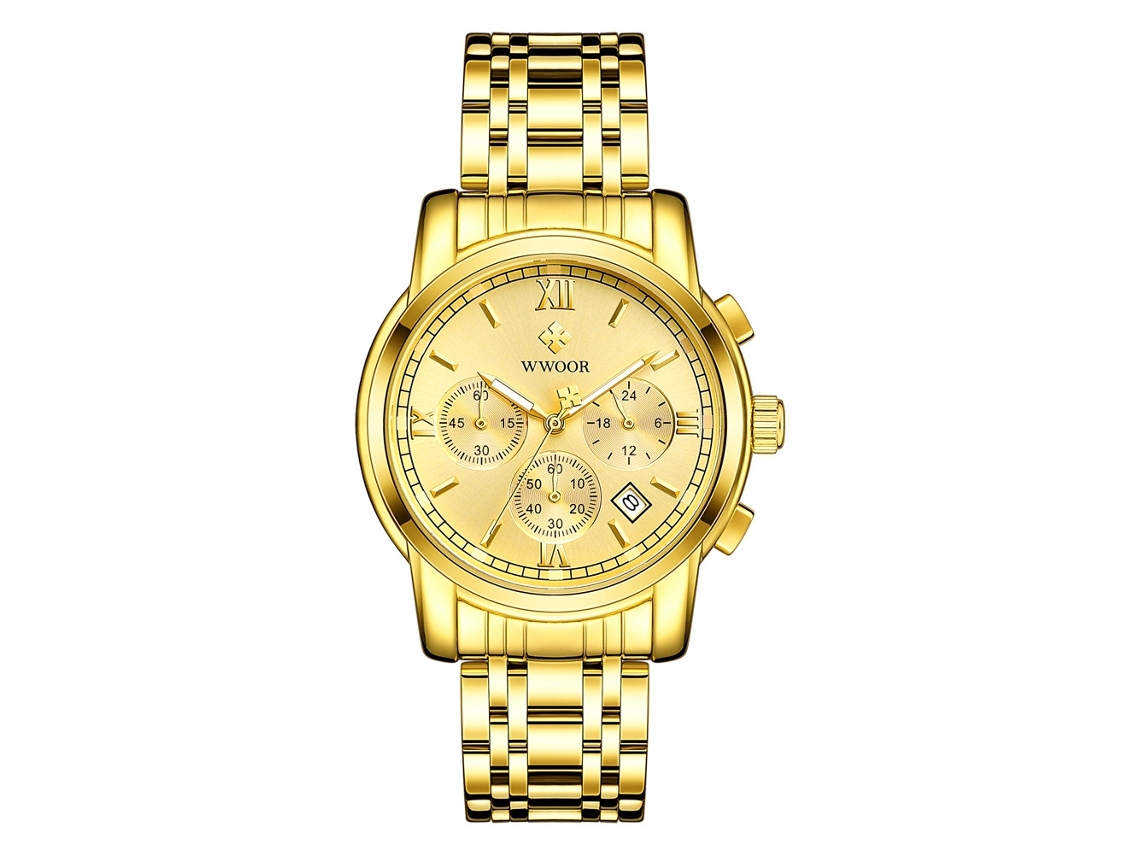 Relógio de pulso analógico de quartzo com pulseira ajustável em PU, à prova d'água, luxuoso, dourado.