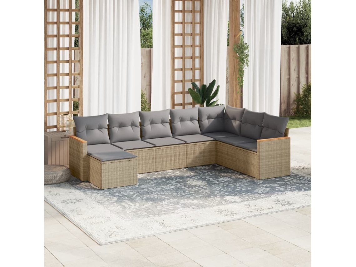 Vidaxl 8 Pcs Conj. Sofás Jardim C/ Almofadões Vime Pe Bege Misturado