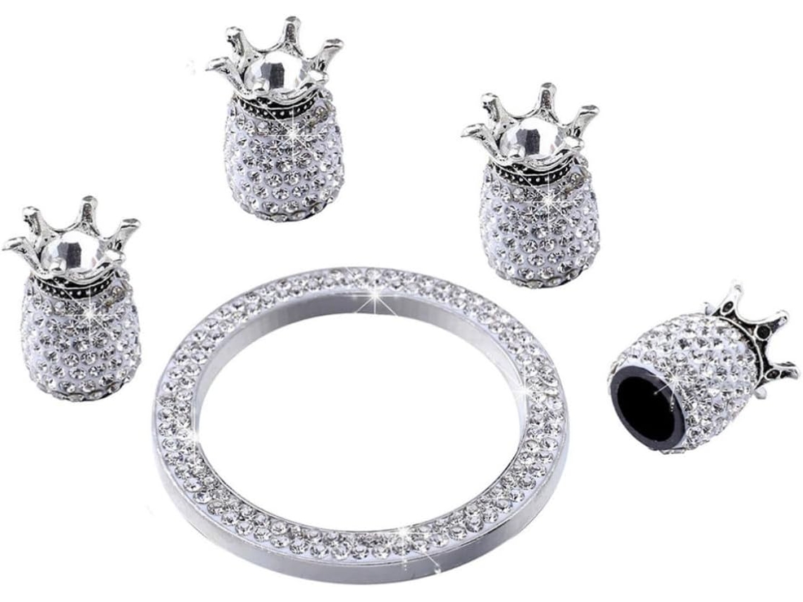 Conjunto De 5 Protetores De Poeira Para Pneus Em Abs E Liga Metálica Com Strass Brancos, E Capa Para Chave.