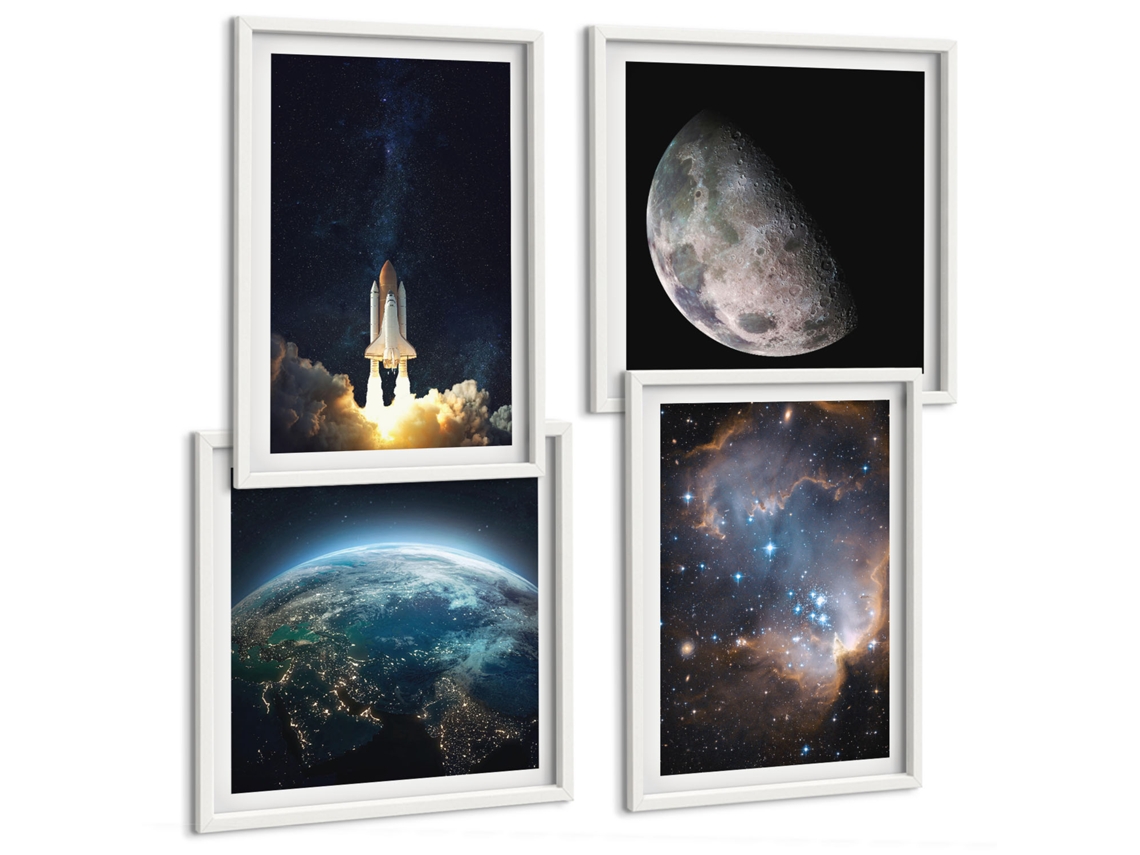Composição De Quadros Espaço, Terra, Foguete, Galáxia Moldura Branca Fotos Para O Escritório Espelharte (conjunto De 4 Imagens)