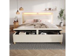 Cama De Casal Em Madeira 140×200 Cm Cama Com Banco De Arrumação, Cabeceira Com Led Bege Estilo (sem Colchão)