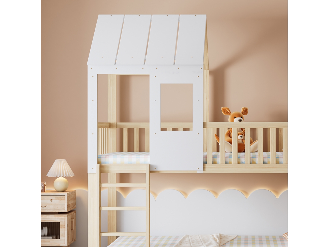 Cama Beliche 90x200cm Em Madeira Maciça Com Escada E Escorrega Estrados De Ripas Natural Estilo