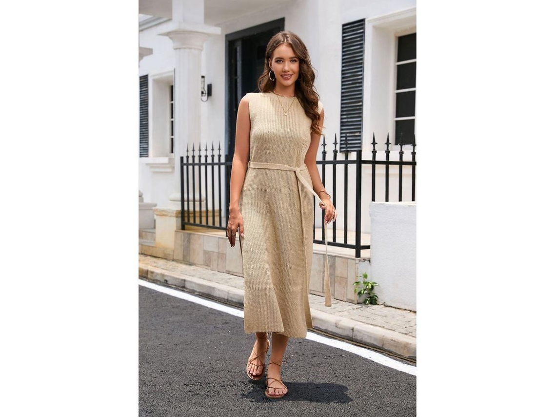 2026 vestido de Punto Con Cuello Redondo Y Slit Con Cinturón Transpirable Y Cómodo para Viajes Diarios
