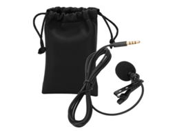 Mini microfone de lapela com fio e clipe para gravação de vídeos em celulares.