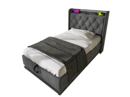 Cama de Solteiro Estofada com LED, Controle Remoto, USB, Baú PAPRIKA