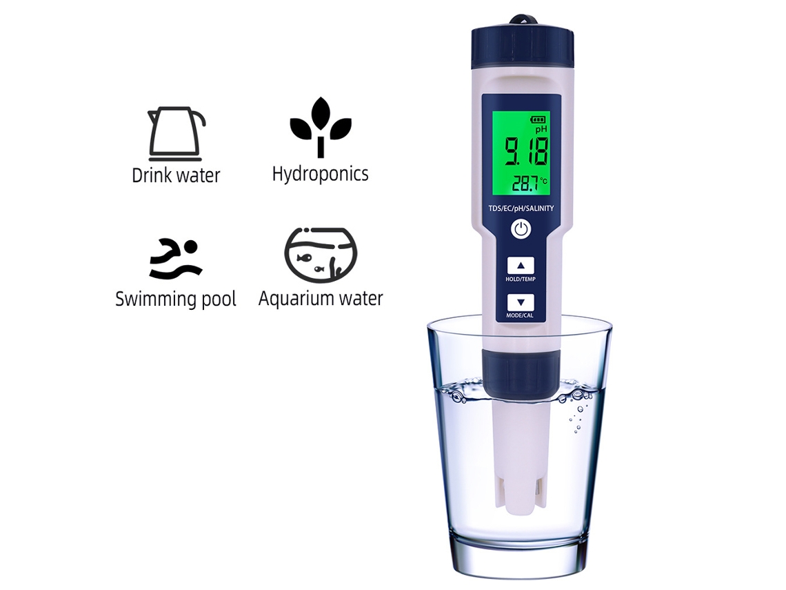 Yuru analisador de Qualidade da Água 5 em 1 com Ph/tds/ec/temperatura/salinidade, Ip67, Display com Retroiluminação