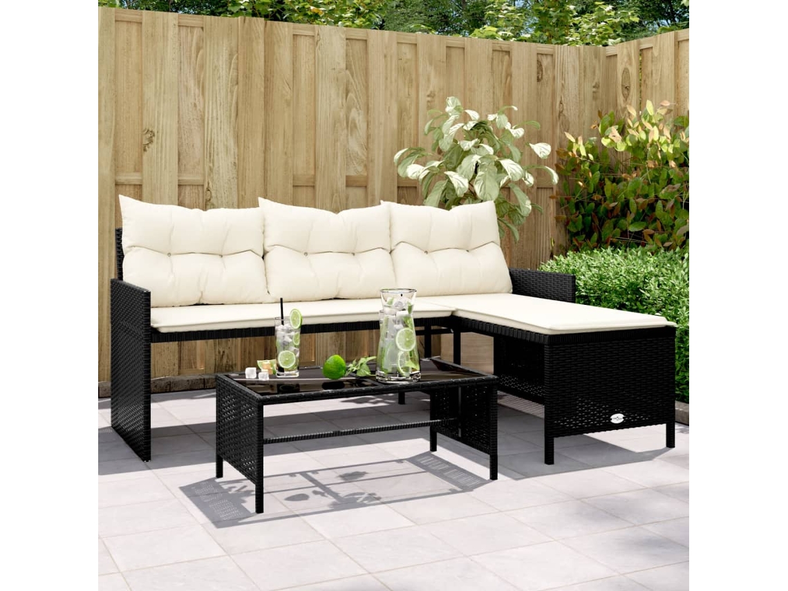 Vidaxl Sofá De Jardim Em Forma De L C/ Mesa E Almofadões Vime Pe Preto