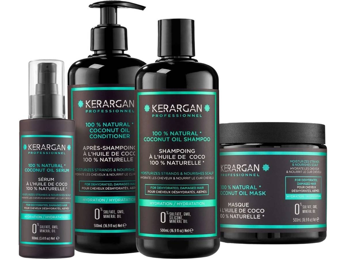 Conjunto Hidratante Champô, Condicionador, Máscara e Sérum com Óleo de Coco KERARGAN (3x500 ml + 100 ml)