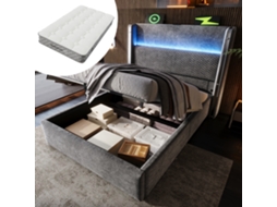 Cama Hidráulica 90x200 Cm Led Usb C Cabeceira Alta Arrumação Cinza