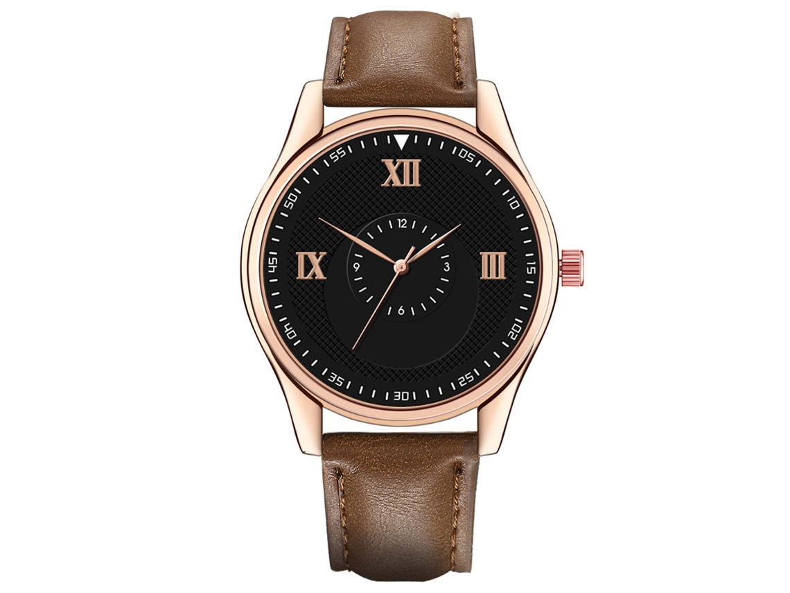 Reloj De Pulsera Para Hombre De Cuero Pu Dial Redondo Analógico De Cuarzo Moda Café Oscuro Y Negro