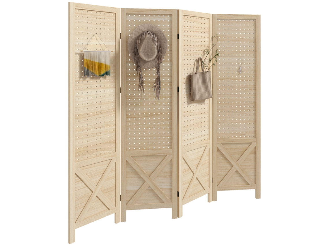 Biombo de 4 Painéis Separador de Ambientes Dobrável 152x1.7x144.5cm Painéis com Orifícios para Pendurar Madeira BTFORUS