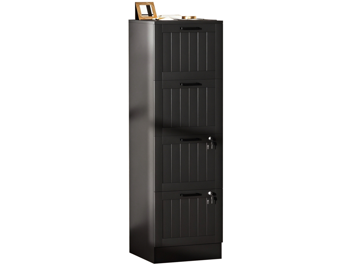 Armário de Escritório, Unidade de Armazenamento em Madeira com 4 Gavetas e Fechadura, Varões Ajustáveis para Pendurar Roupas, 40 X 40 X 131 Cm, Preto