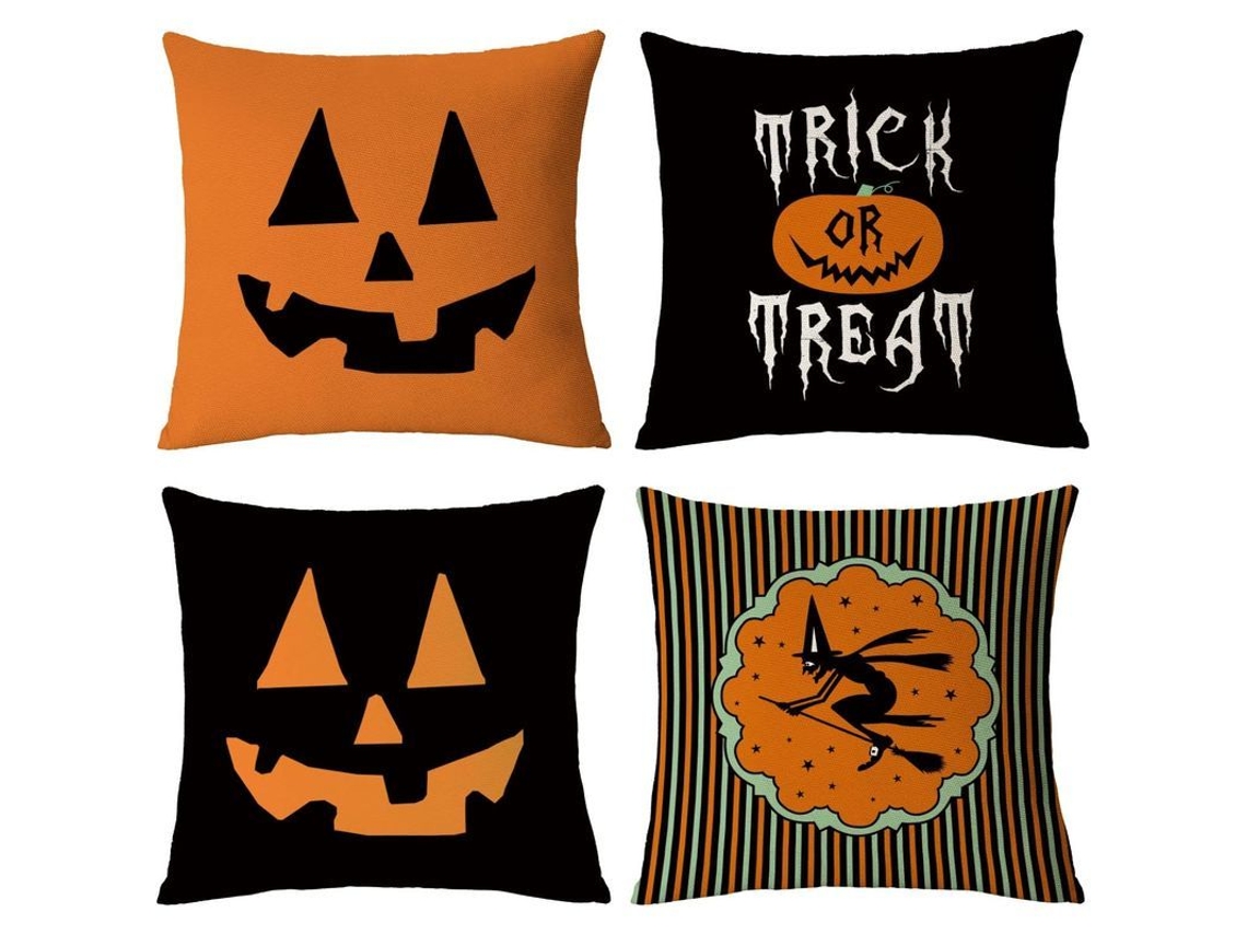 Rebe-funda De Almohada Decorativa De Halloween 4 Piezas Negro Con Calabaza Fantasma Murciélago Gato Para Decoración De Halloween