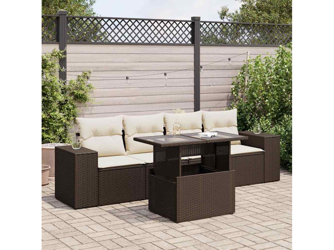 Vidaxl 5 Pcs Conjunto Sofás P/ Jardim C/ Almofadões Vime Pe Castanho