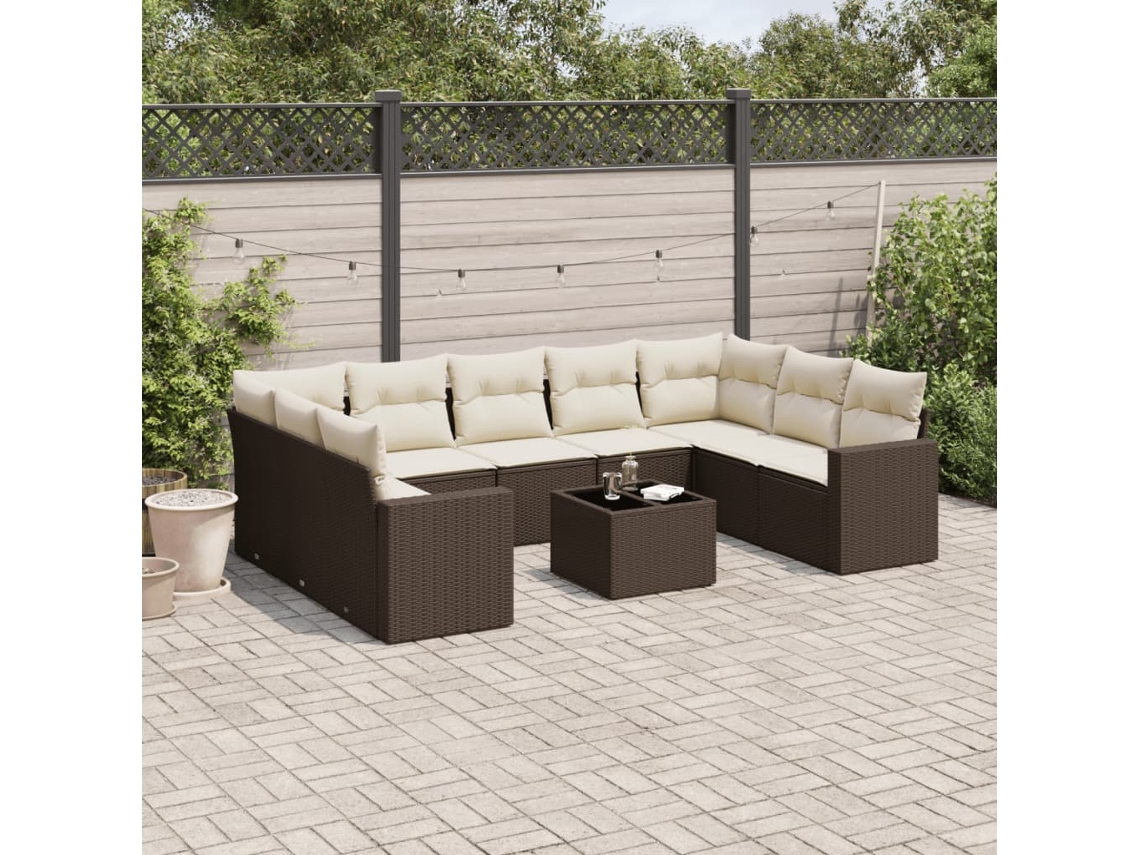 Vidaxl 10 Pcs Conj. Sofás Jardim Com Almofadões Vime Pe Castanho