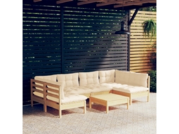 Vidaxl 7 Pcs Conjunto Lounge Jardim C/ Almofadões Creme Pinho Maciço