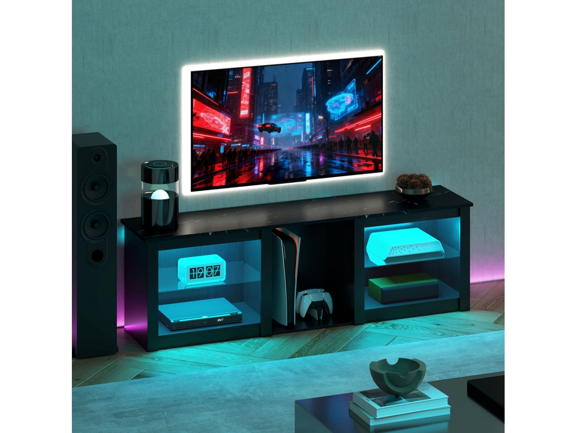 Suporte Para Tv Com Iluminação Led Para Televisores De Até 70 Polegadas (160 Cm), Com Prateleiras De Vidro Ajustáveis, Preto.