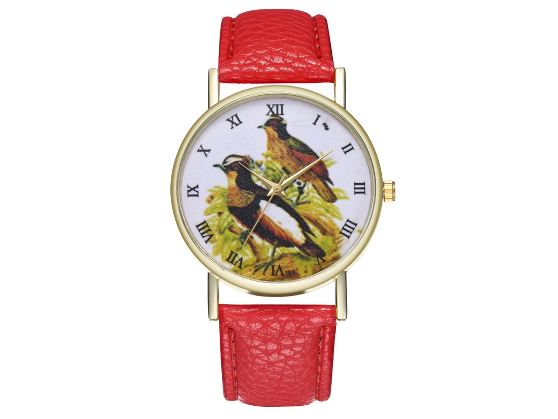Reloj De Cuarzo Unisex Con Correa De Cuero Pu Y Dial De Pájaro Moda Rojo Zhoulianfa