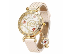 Relógio de Pulseira Feminino de Couro Pu com Padrão Floral e Pedras Rhinestones Branco