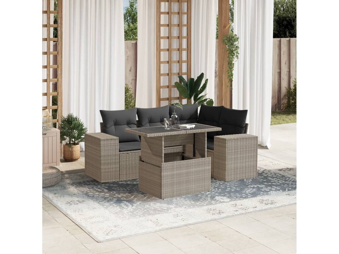 Vidaxl 5 Pcs Conj. Sofás Jardim C/ Almofadões Vime Pe Cinzento-claro