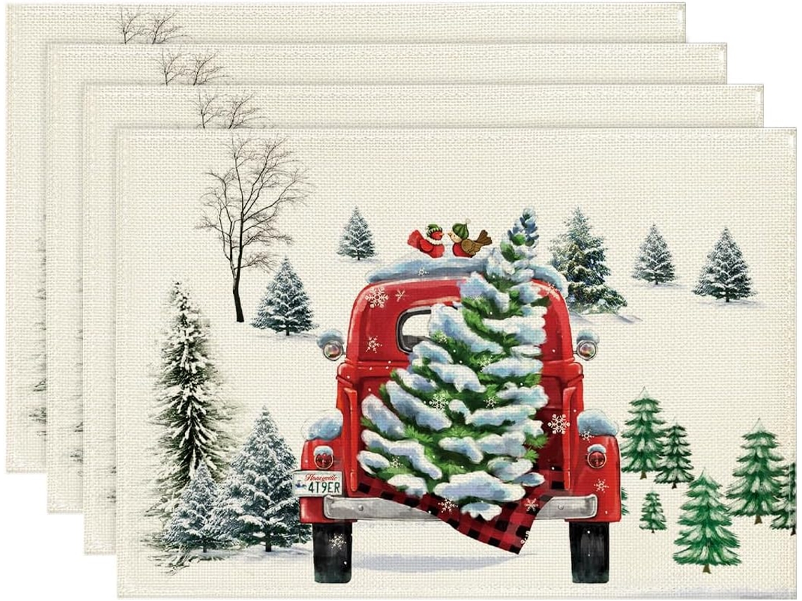 Conjunto De 4 Guardanapos De Natal Em Aquarela Com Estampa De Caminhão, 30 X 45 Cm, Guardanapos Laváveis ​​para Festas De Inverno, Decoração De Cozinh