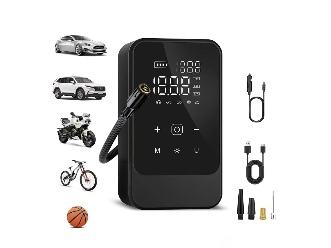 Inflador de pneus portátil sem fios recarregável com ecrã digital para carros, bicicletas, bolas, preto CZHHMART (com cabo para carro)