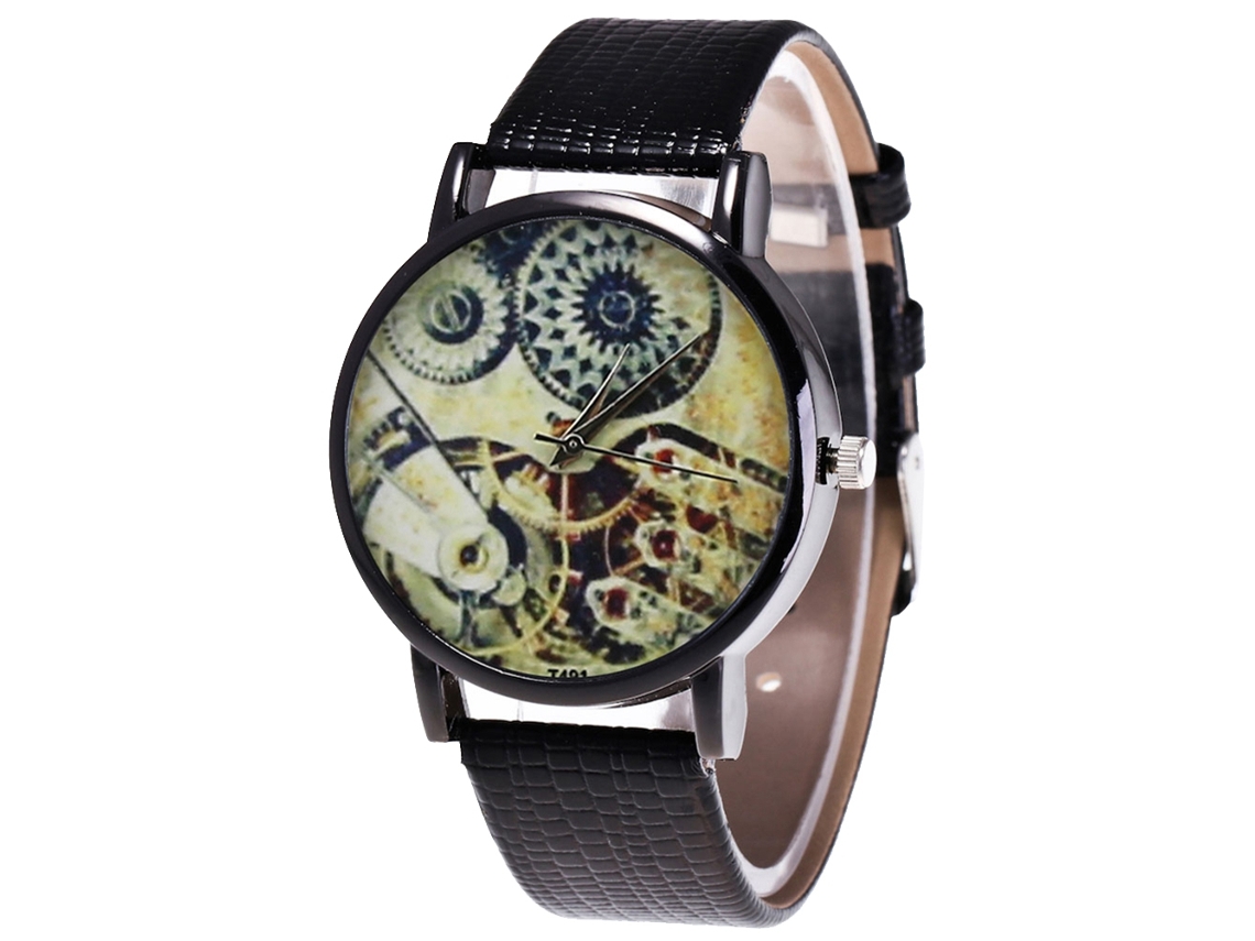 Relógio de quartzo com pulseira de couro PU, mostrador redondo moderno para casais (preto)