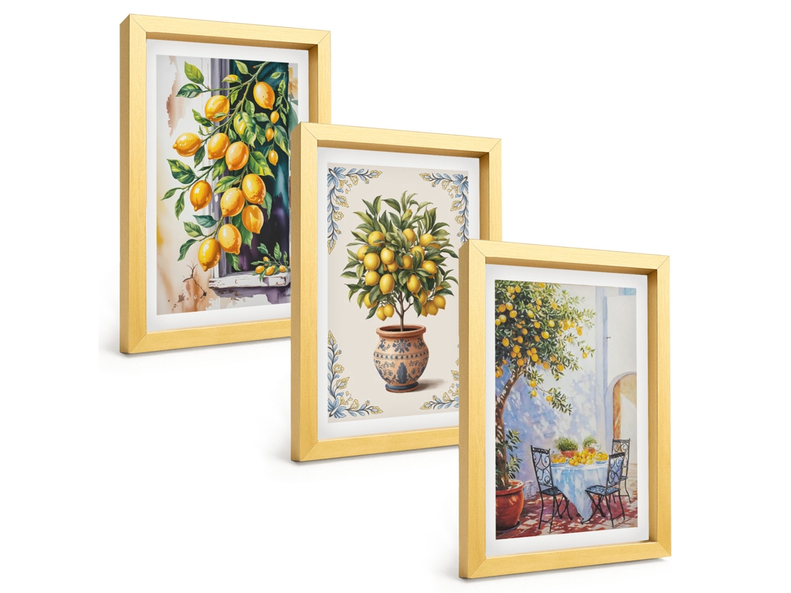 Galeria De Pinturas Muraislimoeiros, Frutas E Sol Moldura Dourada Fotos Para O Escritório Espelharte (3 Peças 20x30 Cm)