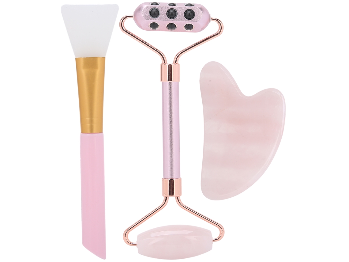 Conjunto de beleza com rolo de massagem facial rosa e placa Gua Sha