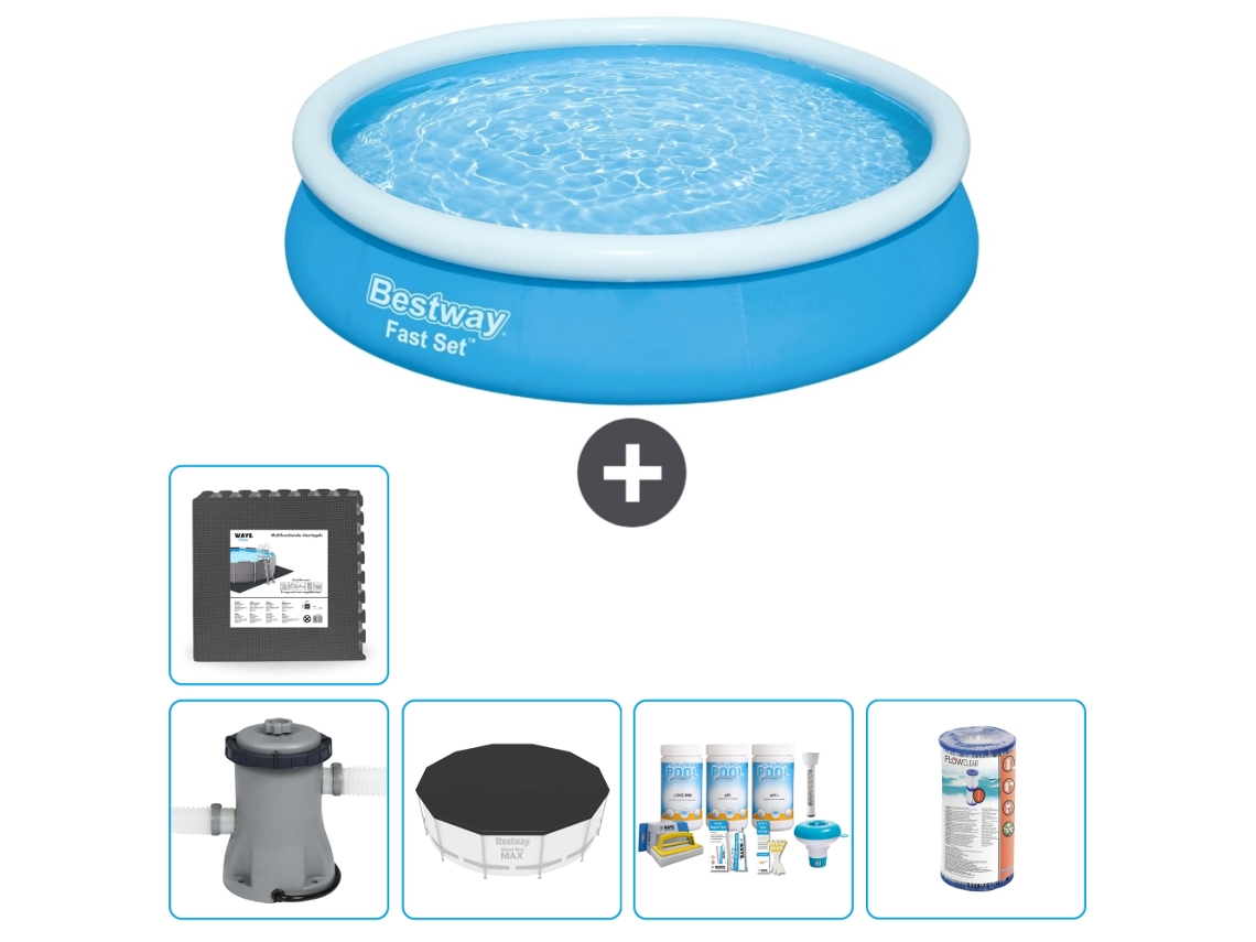 Piscina Inflável Redonda BESTWAY Fast Set 366 X 76 Cm Azul Inclui Bomba Cobrir Pacote de Manutenção Filtro Ladrilhos