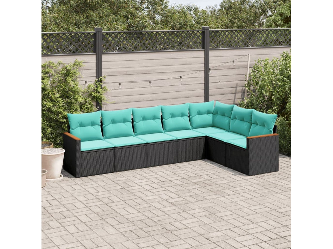 Vidaxl Conjunto De Sofá De Jardim Com 7 Peças E Almofadas Em Rattan Sintético Preto