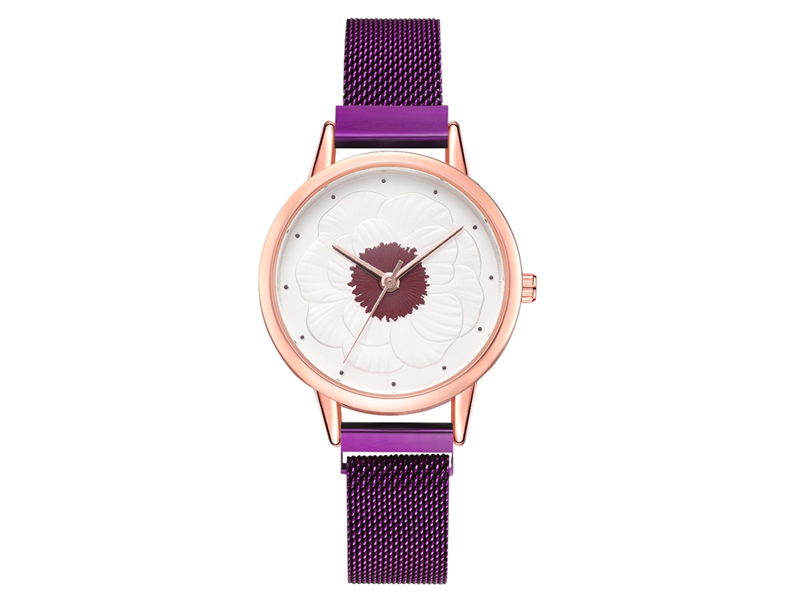 Relógio de Pulso Feminino Simples de Liga com Pulseira de Malha e Mostrador Redondo Quartz Roxo